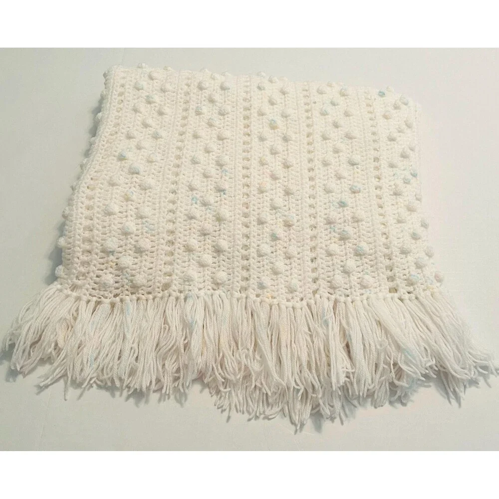 Vintage Handmade white blue pink crochet throw blanket textured bobble fringe